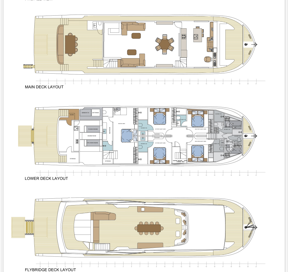 Felicita deck planları: Main Deck, Lower Deck ve Flybridge yerleşimi