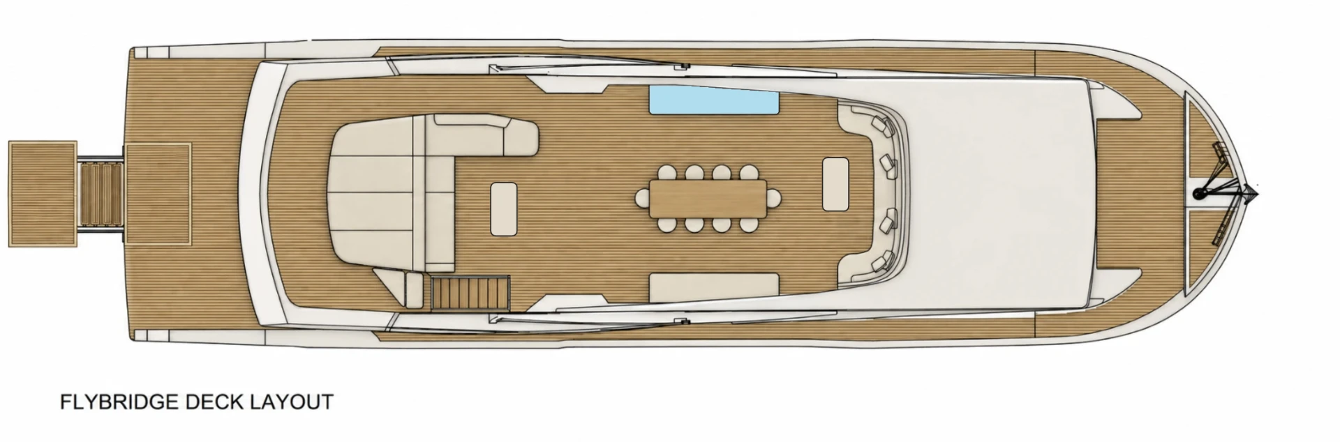 Felicita Flybridge Deck yerleşim planı: güneş alanı, dış yemek masası ve seyir köşkü