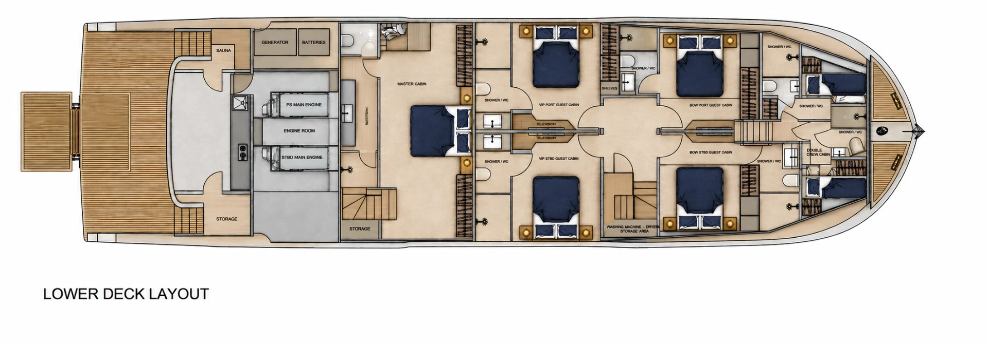 Felicita Lower Deck yerleşim planı: master kabin, VIP kabinler, mürettebat kabini, makine dairesi ve sauna