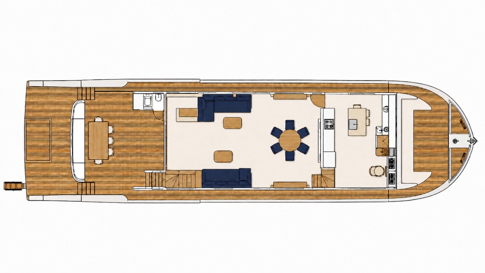 Felicita Main Deck yerleşim planı: salon, yemek alanı, mutfak ve kıç güverte